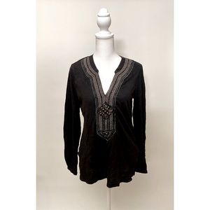 Lucky Brand Long Sleeve Tunic Style Black Top with woven and metal detail.